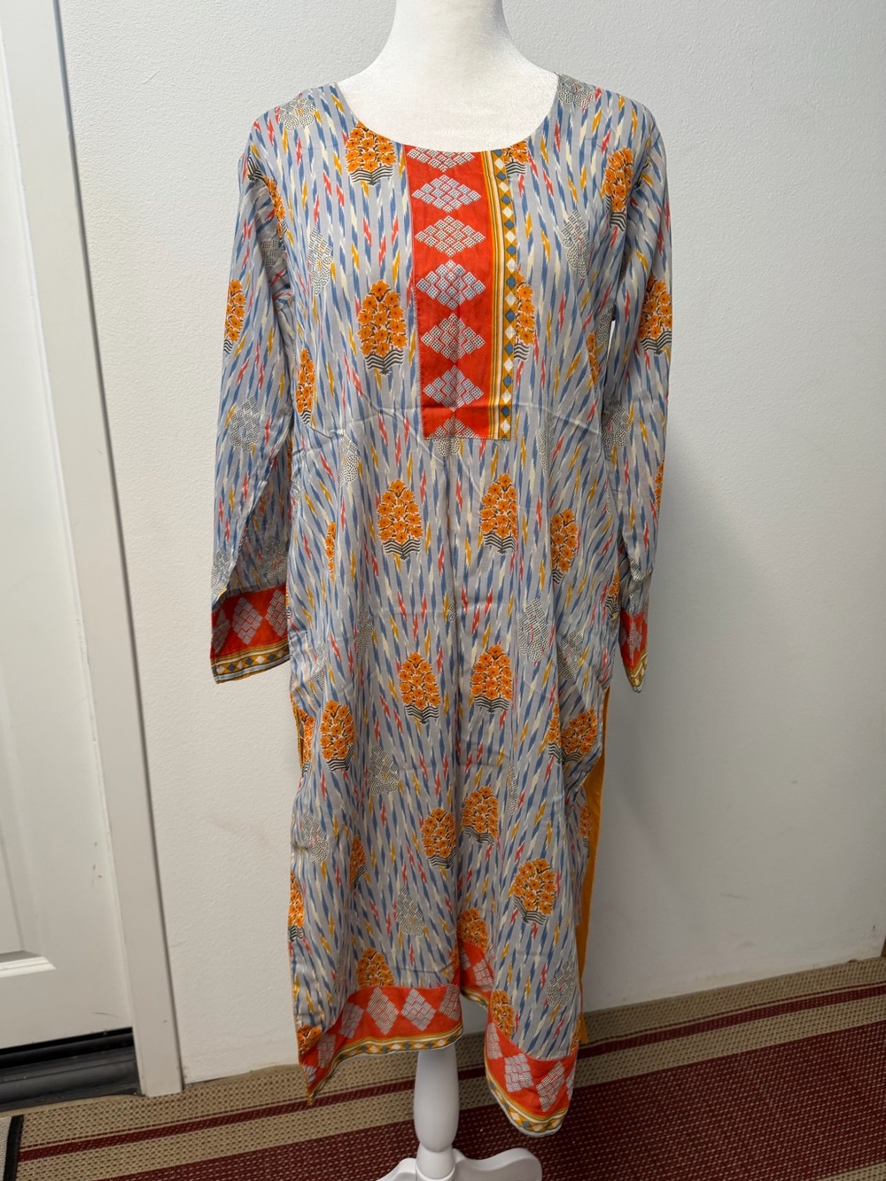 Light Blue Orange Printed Pakistani 2 Piece Kameez Trouser Summer Outfit